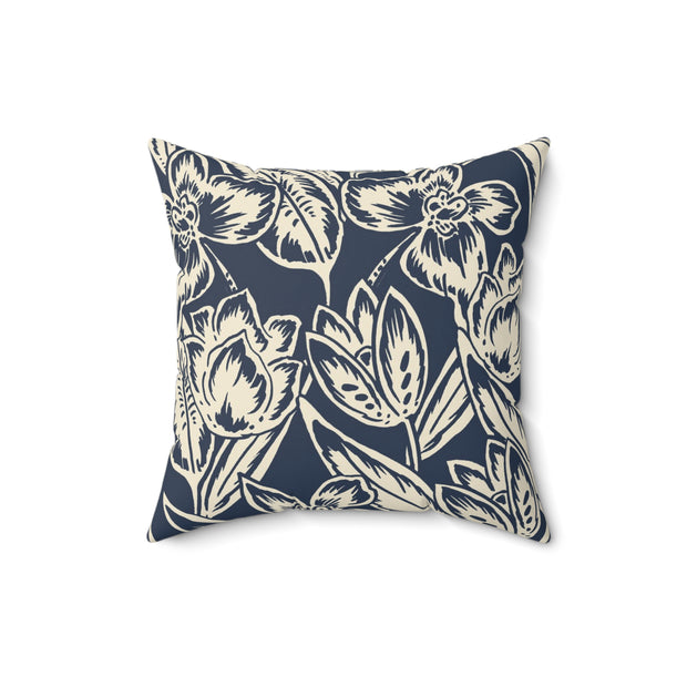 Navy Floral Square Pillow –Classic Botanical Throw Cushion