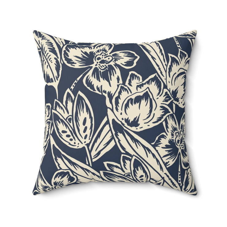 Navy Floral Square Pillow –Classic Botanical Throw Cushion