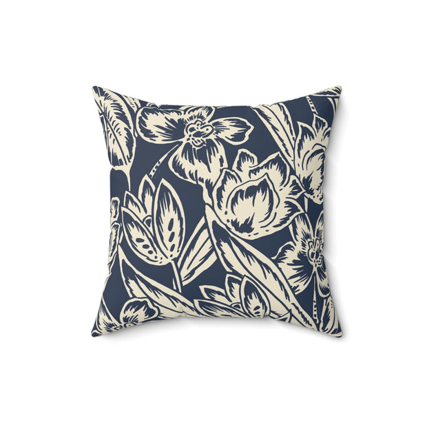 Navy Floral Square Pillow –Classic Botanical Throw Cushion
