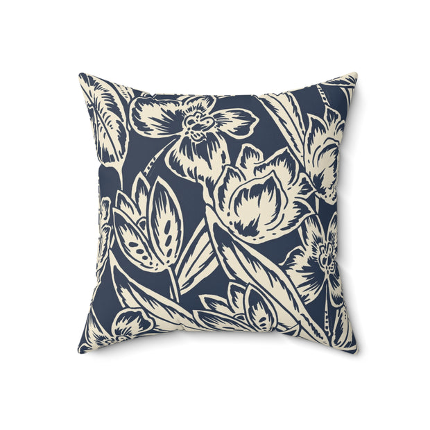Navy Floral Square Pillow –Classic Botanical Throw Cushion