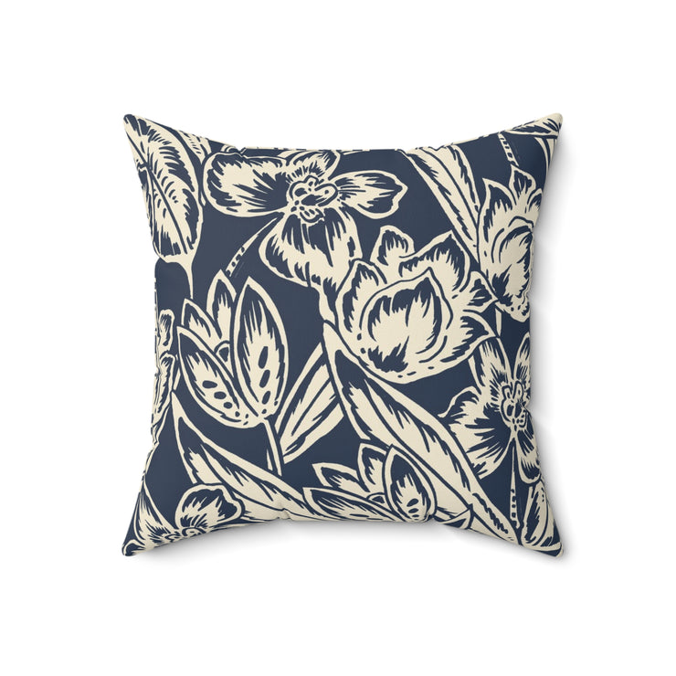 Navy Floral Square Pillow –Classic Botanical Throw Cushion