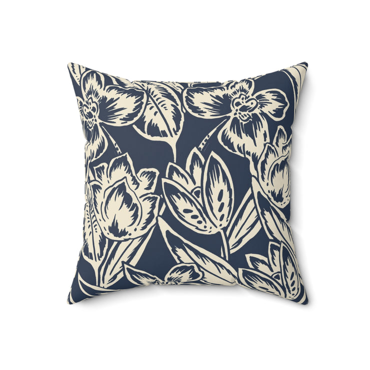 Navy Floral Square Pillow –Classic Botanical Throw Cushion
