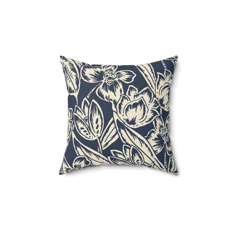 Navy Floral Square Pillow –Classic Botanical Throw Cushion