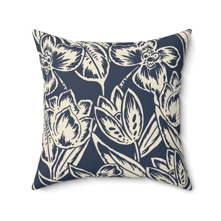 Navy Floral Square Pillow –Classic Botanical Throw Cushion