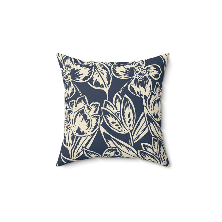 Navy Floral Square Pillow –Classic Botanical Throw Cushion